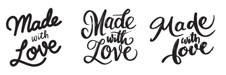 Collection of Made with Love text lettering. Hand drawn vector art.