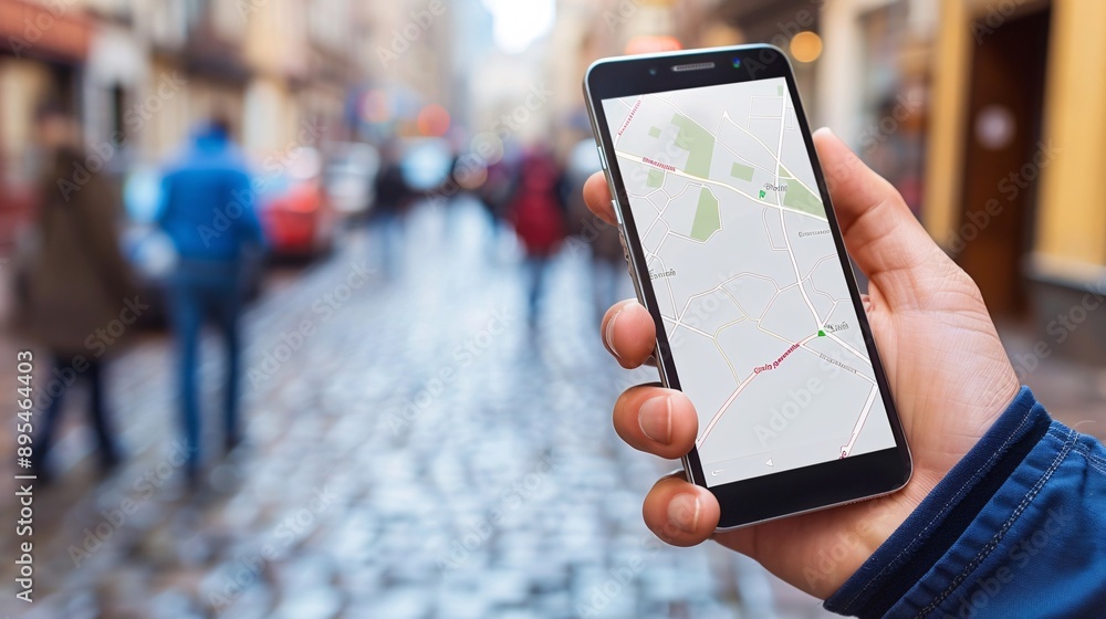Fototapete Realistic POV shot showing a hand holding a mobile phone with a blank white screen displaying a navigation app interface Stock Photo with copy space