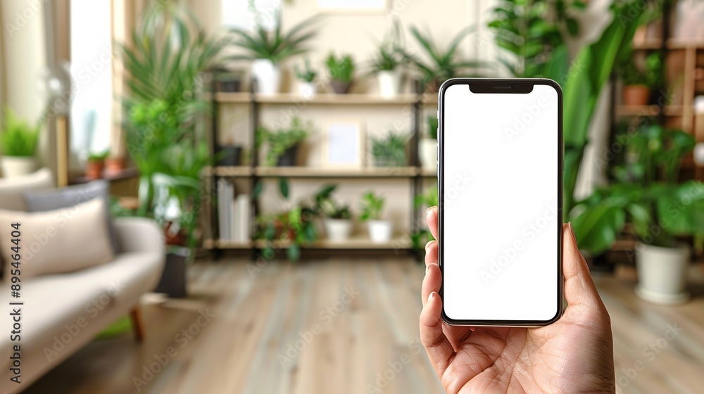 Poster POV image of a hand holding a mobile phone with a blank white screen open to a social media app interface Stock Photo with copy space