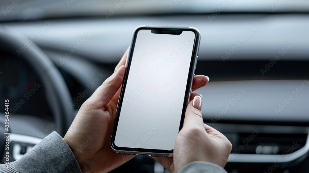 Aufkleber detailed pov capture of a hand holding a mobile phone with a blank white screen open to a ride-shari