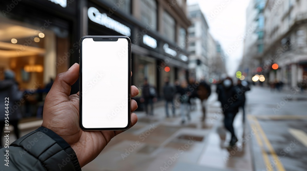 Poster POV shot showing a hand holding a mobile phone with a blank white screen open to a news app interface Stock Photo with copy space