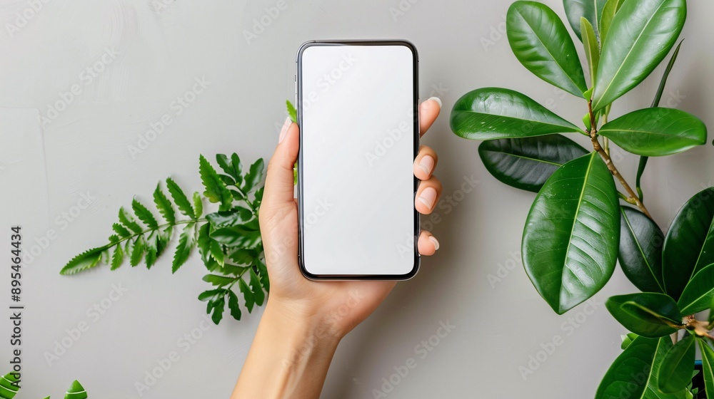 Poster detailed pov image of a hand holding a mobile phone with a blank white screen in a productivity tool