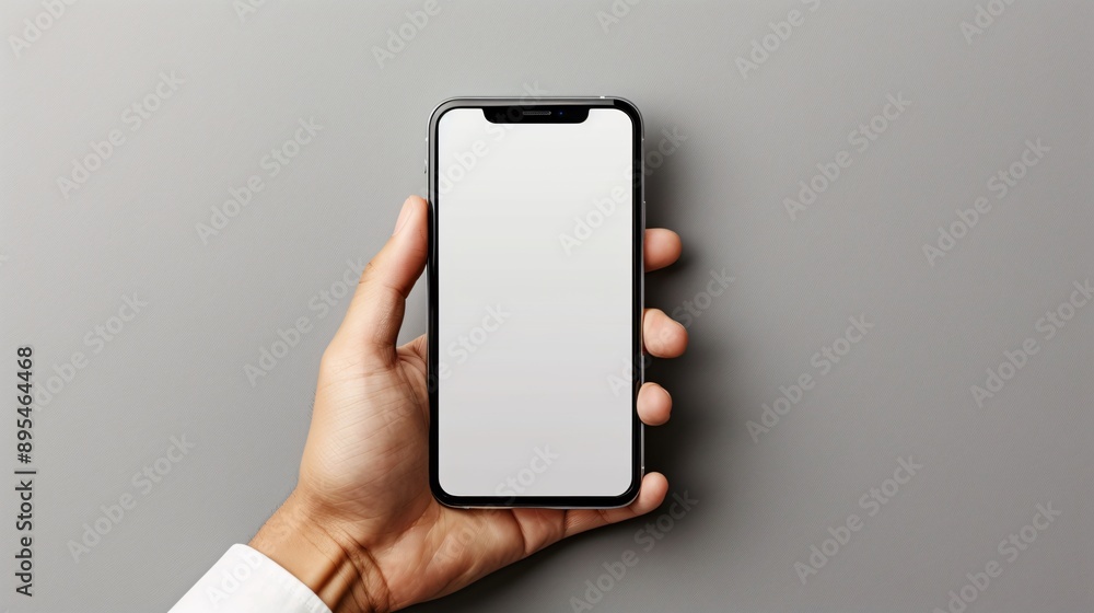 Poster Detailed POV image of a hand holding a mobile phone with a blank white screen in a productivity tool interface environment Stock Photo with copy space