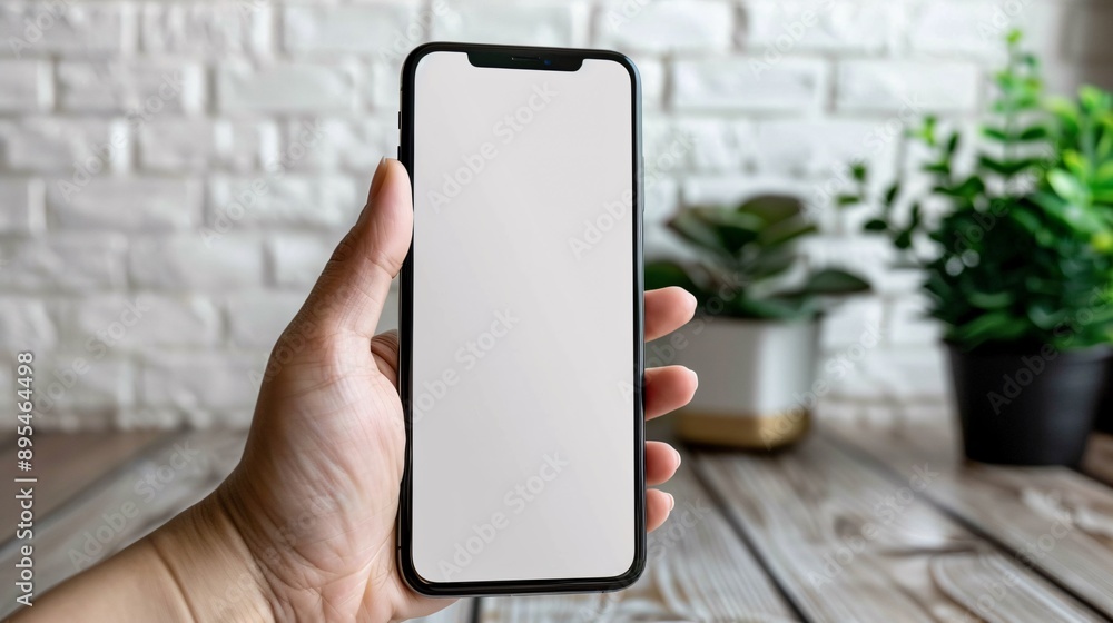 Poster Realistic POV capture showing a hand holding a mobile phone with a blank white screen open to a messaging app interface Stock Photo with copy space