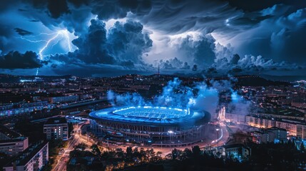 Drone photo of the neon blue football stadium.