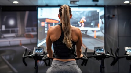 Fototapeta premium A Woman in Black Top and Grey Leggings on Exercise Bike