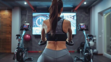 Fototapeta premium A Woman in Black Top and Grey Leggings on Exercise Bike