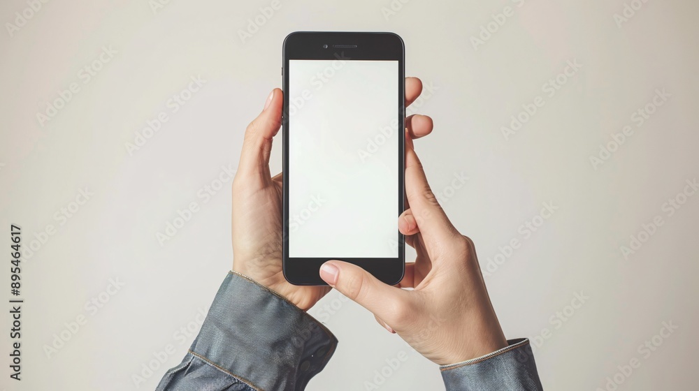 Aufkleber POV image of a hand holding a mobile phone with a blank white screen displaying a streaming app interface Stock Photo with copy space