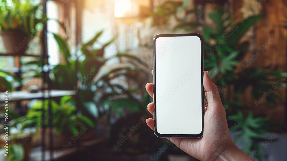 Poster Realistic POV shot showing a hand holding a mobile phone with a blank white screen in a productivity tool interface environment Stock Photo with copy space