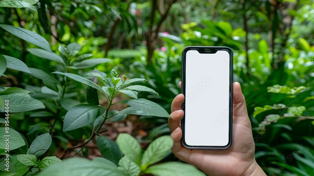 Aufkleber POV image of a hand holding a mobile phone with a blank white screen displaying a streaming app interface Stock Photo with copy space