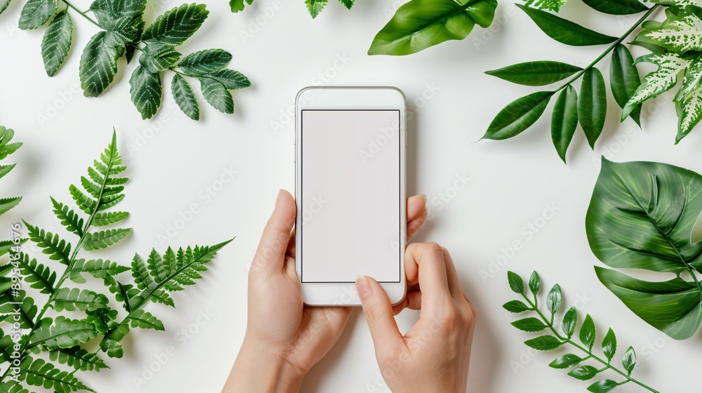 Poster Realistic POV shot showing a hand holding a mobile phone with a blank white screen in a productivity tool interface environment Stock Photo with copy space