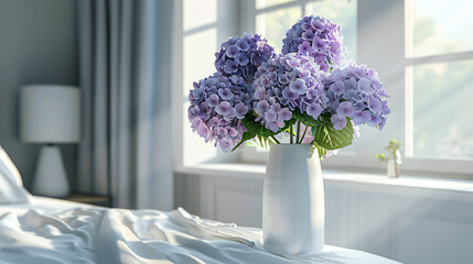 A lush bouquet of purple hydrangeas in a tall vase, placed on a bedside table with minimalistic bedroom decor and natural light streaming in, rendered in UHD 8k as a masterpiece 