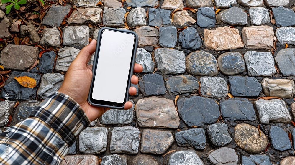 Poster POV image of a hand holding a mobile phone with a blank white screen open to a messaging app interface Stock Photo with copy space