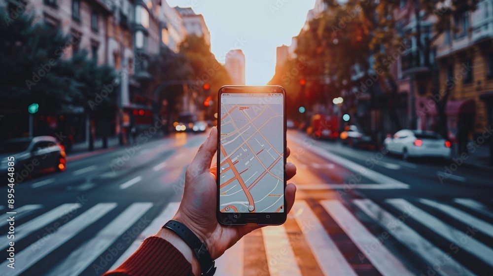 Poster Detailed POV capture showing a hand holding a mobile phone with a blank white screen displaying a navigation app interface Stock Photo with copy space