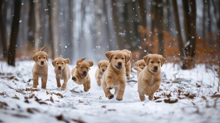 Group of cute golden Labrador retrievers running through snowy forest path in nature