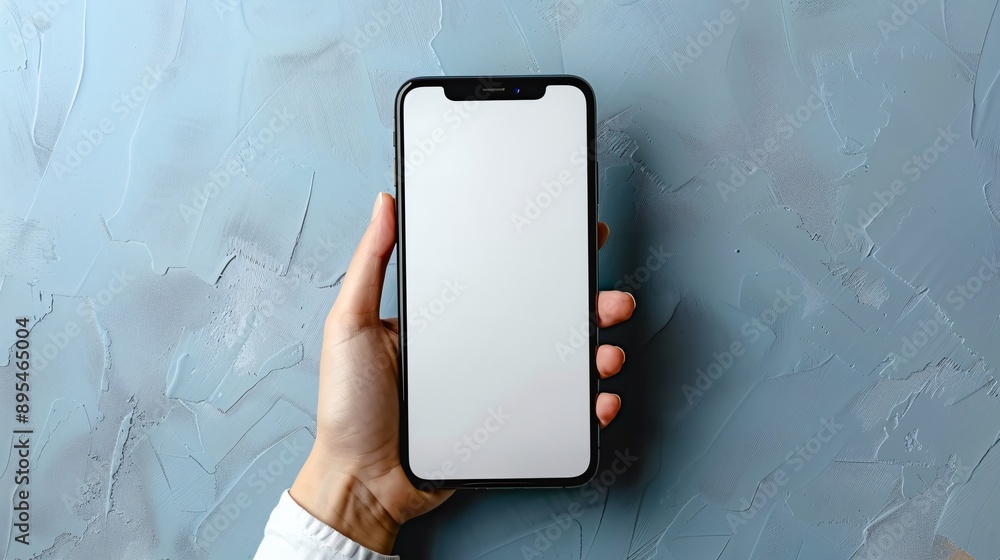 Poster realistic pov shot of a hand holding a mobile phone with a blank white screen displaying a health an