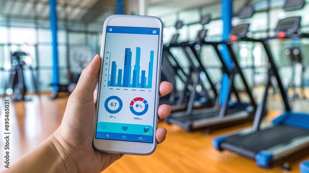 Poster Realistic POV shot of a hand holding a mobile phone with a blank white screen displaying a health and fitness app interface Stock Photo with copy space