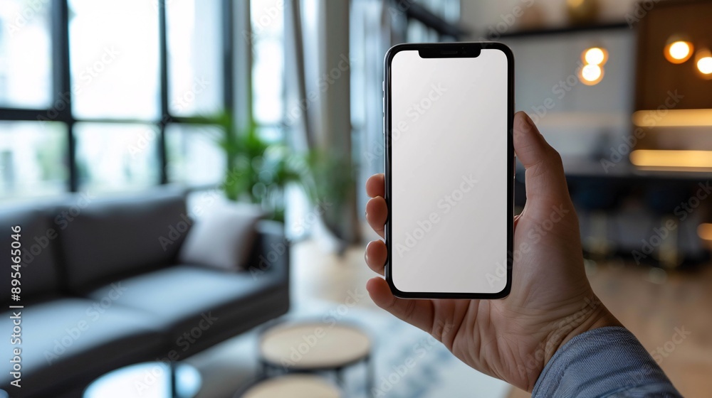 Aufkleber Detailed POV capture showing a hand holding a mobile phone with a blank white screen displaying a streaming app interface Stock Photo with copy space