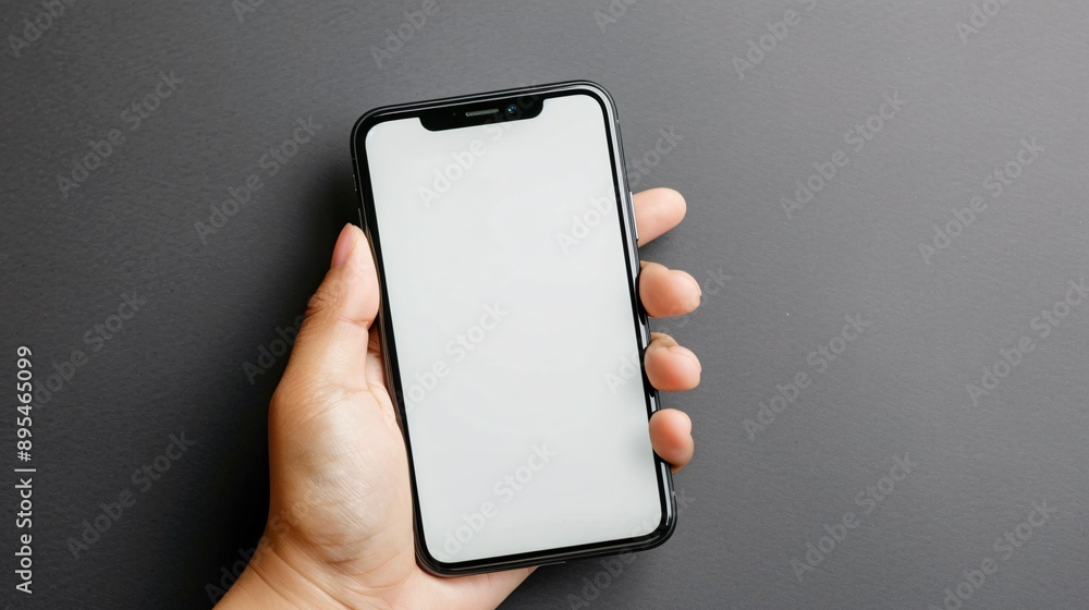 Aufkleber Detailed POV capture showing a hand holding a mobile phone with a blank white screen displaying a streaming app interface Stock Photo with copy space