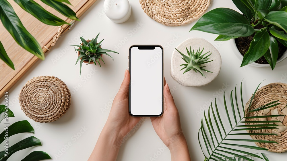 Aufkleber POV image showing a hand holding a mobile phone with a blank white screen in a productivity tool interface environment Stock Photo with copy space