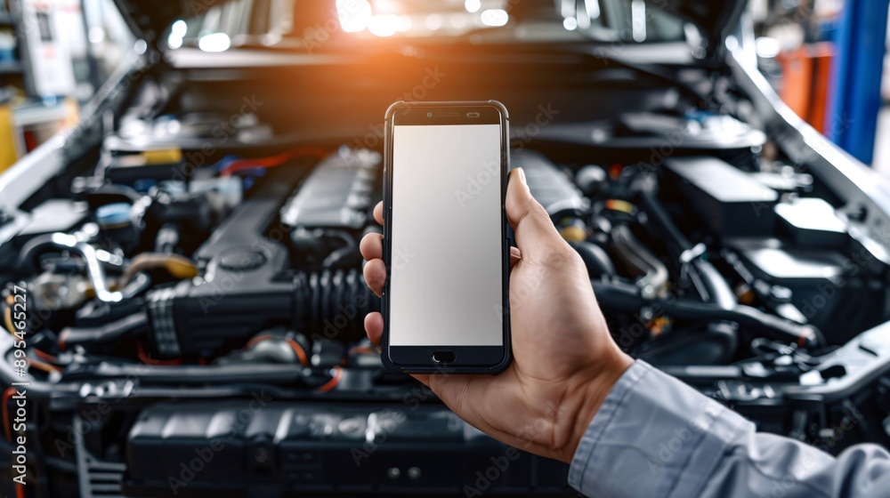 Aufkleber Detailed POV capture showing a hand holding a mobile phone with a blank white screen near an open car hood showing engine components Stock Photo with copy space
