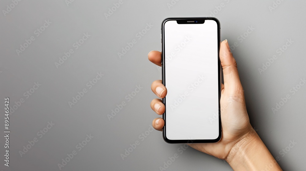 Poster Realistic POV shot of a hand holding a mobile phone with a blank white screen displaying a navigation app interface Stock Photo with copy space