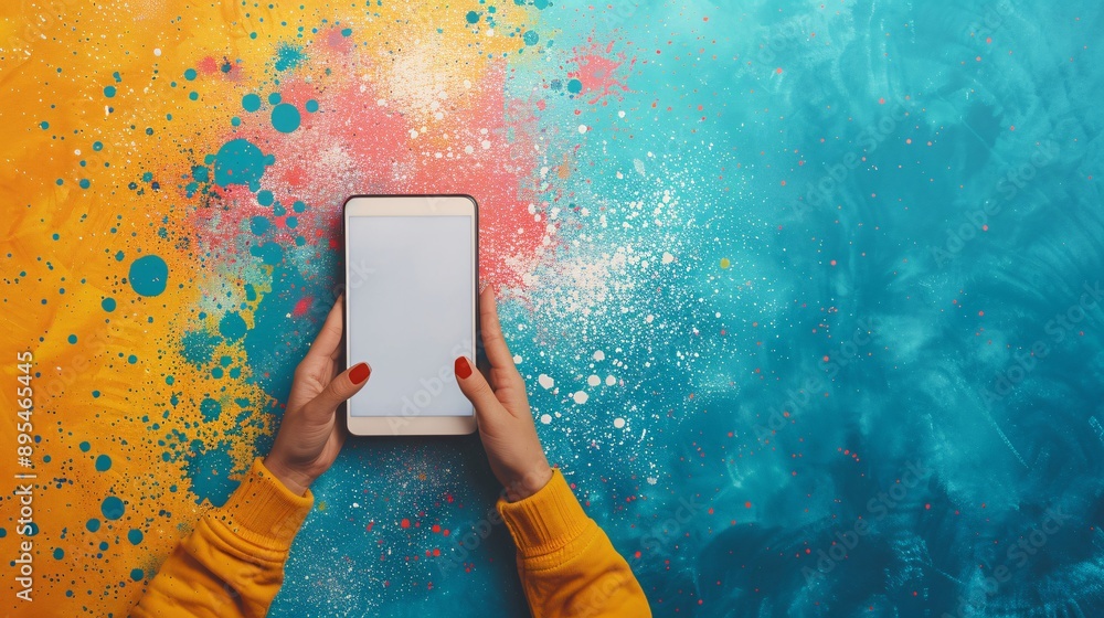 Poster POV image showing a hand holding a mobile phone with a blank white screen open to a social media app interface Stock Photo with copy space