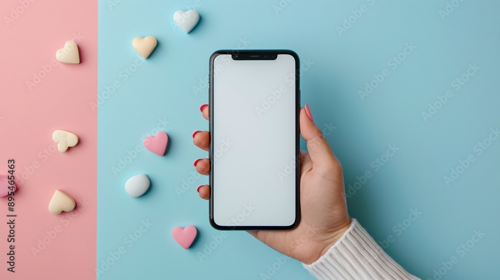 Poster POV image showing a hand holding a mobile phone with a blank white screen open to a social media app interface Stock Photo with copy space