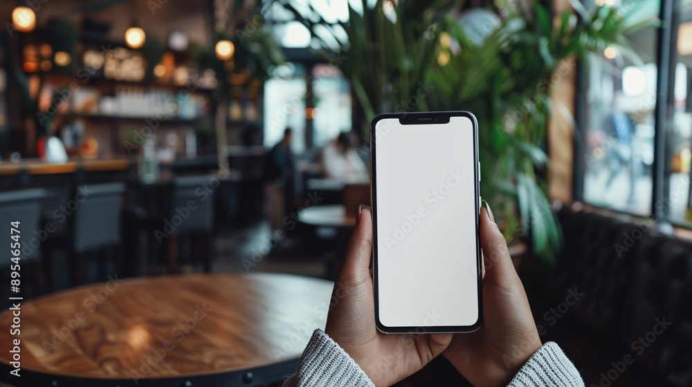 Aufkleber Detailed POV capture showing a hand holding a mobile phone with a blank white screen in an online shopping app environment Stock Photo with copy space