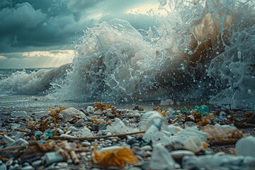 Powerful Wave Crashing on a Beach Littered With Plastic Debris. Generative AI