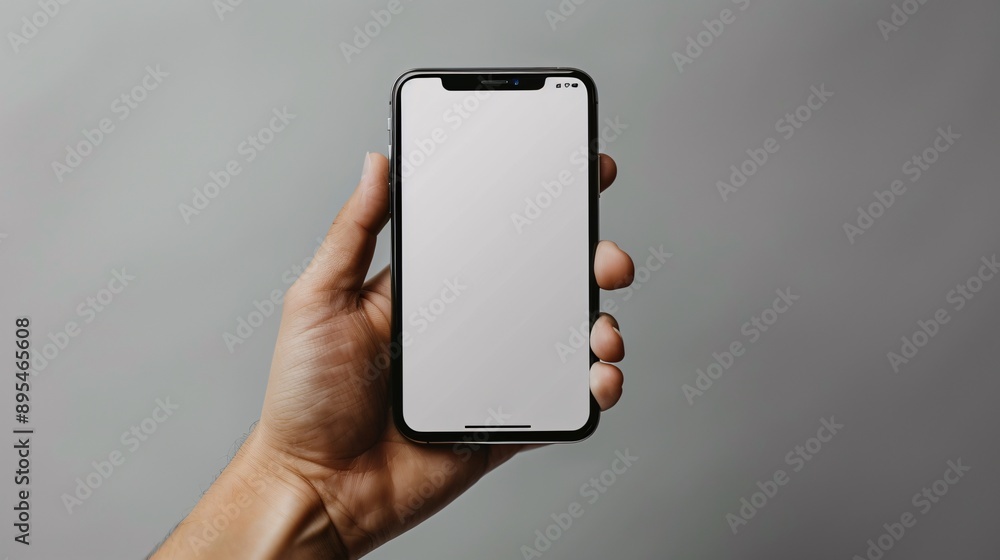 Poster POV image showing a hand holding a mobile phone with a blank white screen displaying a health and fitness app interface Stock Photo with copy space