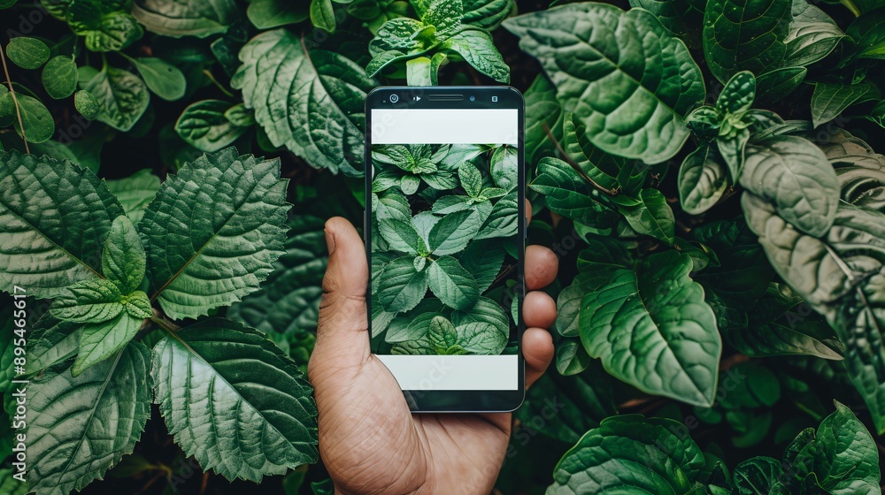 Poster POV image showing a hand holding a mobile phone with a blank white screen displaying a health and fitness app interface Stock Photo with copy space