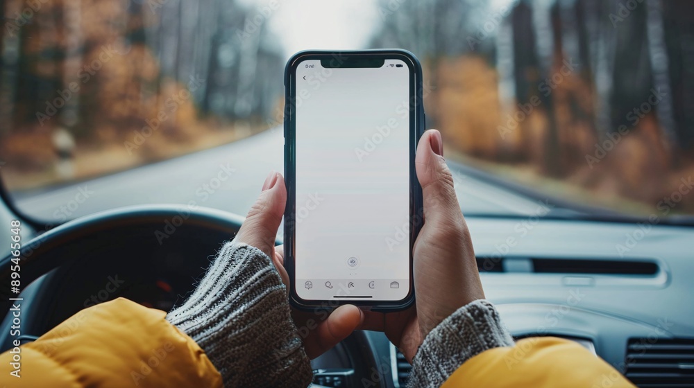 Poster Detailed POV capture showing a hand holding a mobile phone with a blank white screen open to a ride-sharing app interface Stock Photo with copy space