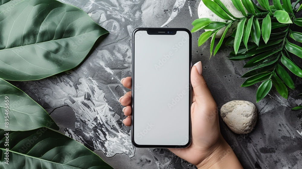 Poster POV image showing a hand holding a mobile phone with a blank white screen displaying a health and fitness app interface Stock Photo with copy space