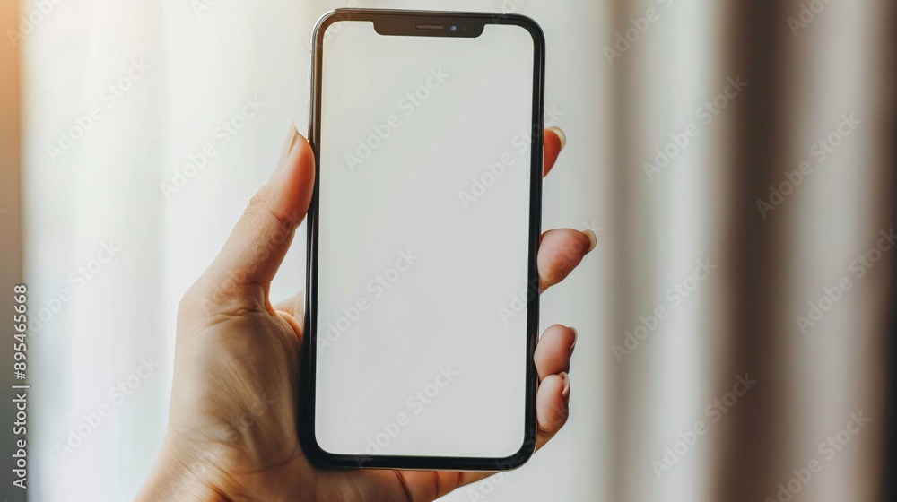 Aufkleber POV image showing a hand holding a mobile phone with a blank white screen open to a news app interface Stock Photo with copy space