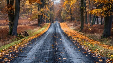 Obraz premium Scenic countryside road surrounded by autumn trees 