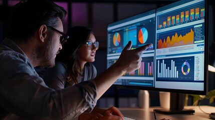 A marketing team in a modern office reviewing a heatmap analysis with a large monitor displaying user interaction data and areas for SEO improvement and performance metrics