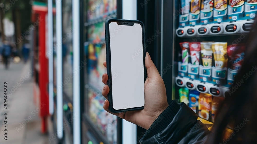 Poster Detailed POV capture showing a hand holding a mobile phone with a blank white screen near the selection buttons of a vending machine Stock Photo with copy space