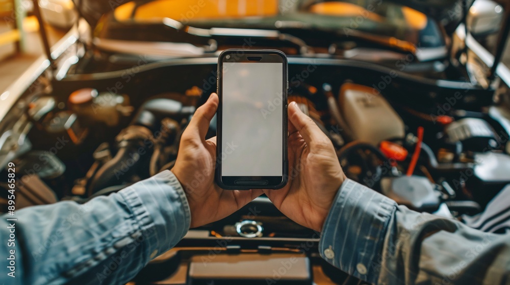 Aufkleber Realistic POV shot showing a hand holding a mobile phone with a blank white screen near an open car hood showing engine components Stock Photo with copy space