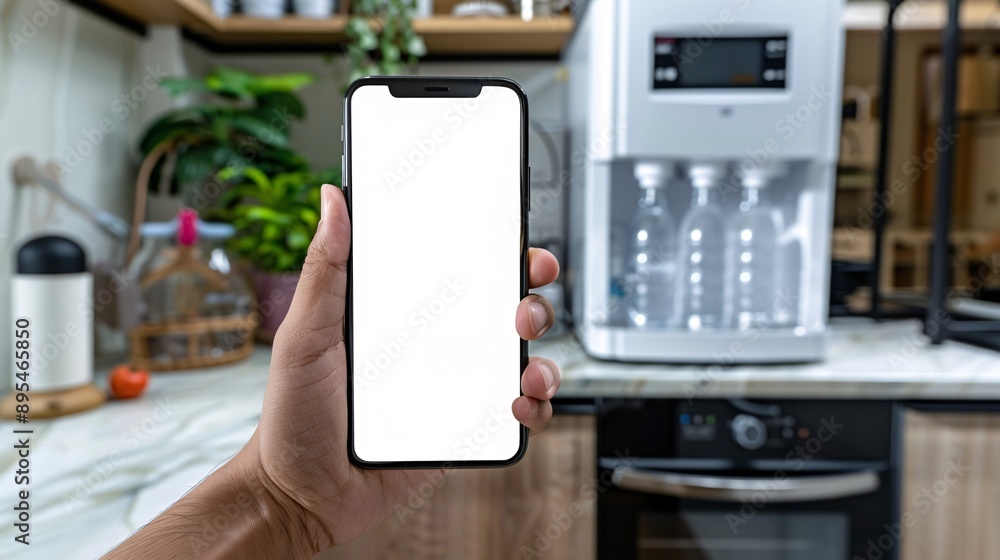 Poster POV image showing a hand holding a mobile phone with a blank white screen while using a water dispenser Stock Photo with copy space
