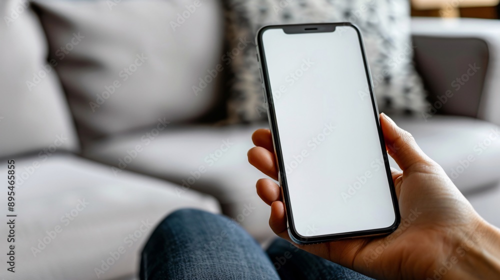 Poster Realistic POV shot of a hand holding a mobile phone with a blank white screen open to a messaging app interface Stock Photo with copy space