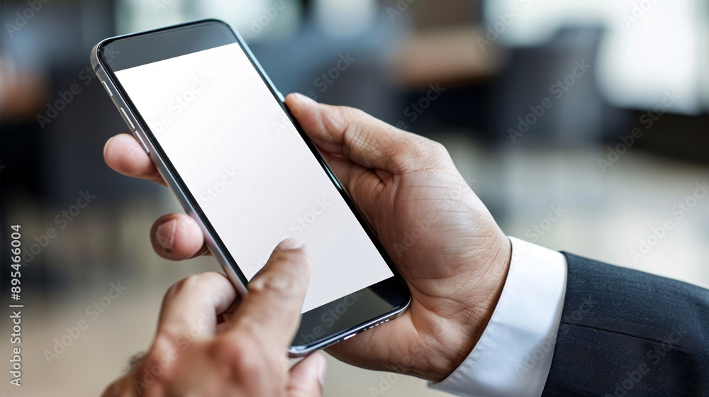 Poster POV image showing a hand holding a mobile phone with a blank white screen open to a mobile banking app interface Stock Photo with copy space