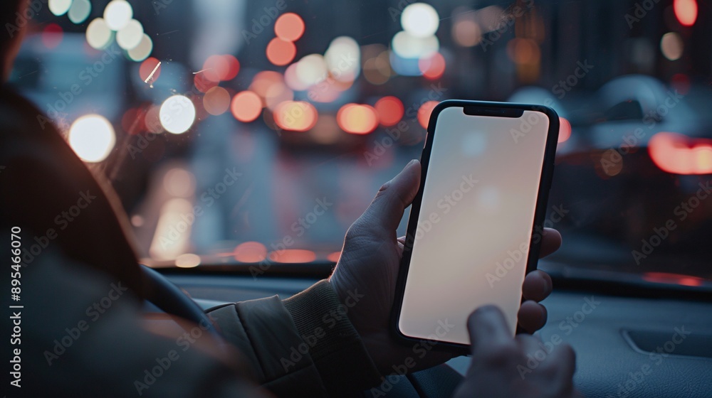 Poster realistic pov shot of a hand holding a mobile phone with a blank white screen open to a ride-sharing