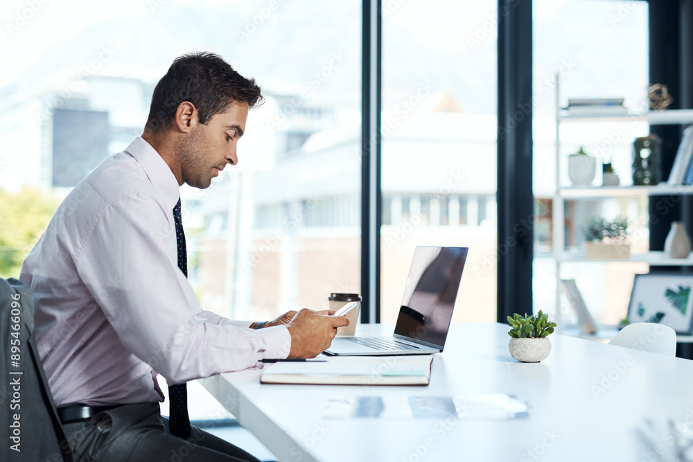 Poster desk, laptop and phone with business man in office for administration, communication or report. acco
