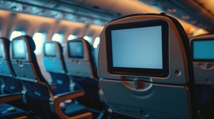 Airplane Seats Equipped with Blank LCD Screen Mockups for Passenger Use