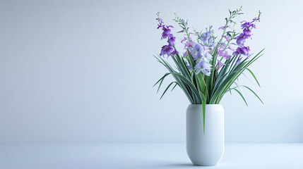 Elegant bouquet of orchids and irises in a tall, slender vase, displayed in a modern minimalist setting, rendered in UHD as a masterpiece  © AiiNa