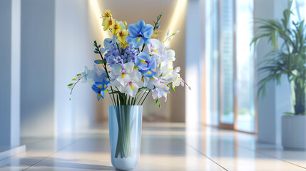 Elegant bouquet of orchids and irises in a tall, slender vase, displayed in a modern minimalist setting, rendered in UHD as a masterpiece  © AiiNa