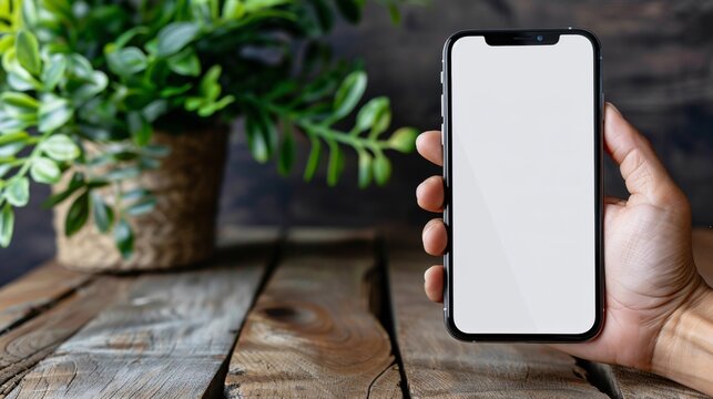 POV image showing a hand holding a mobile phone with a blank white screen displaying a streaming app interface Stock Photo with copy space