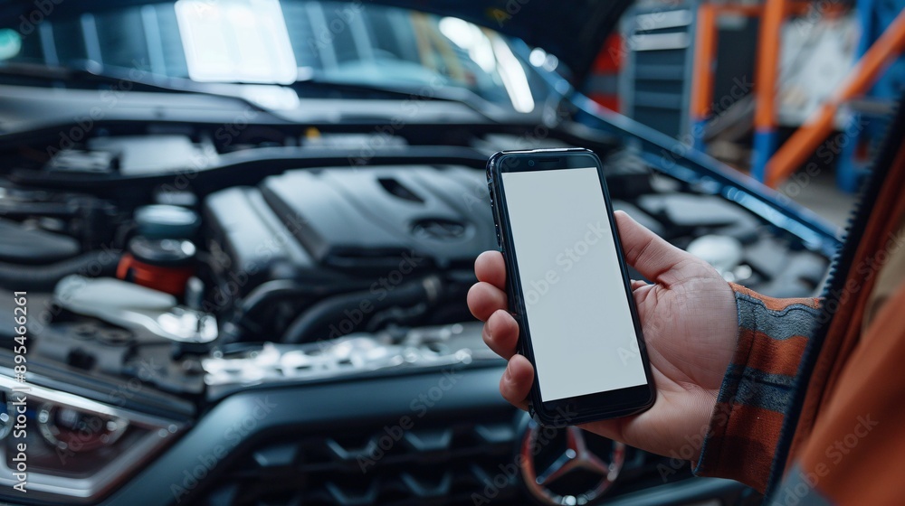Poster detailed pov shot of a hand holding a mobile phone with a blank white screen near an open car hood s