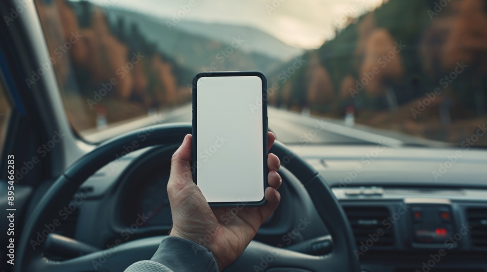 Aufkleber realistic pov image showing a hand holding a mobile phone with a blank white screen in a car near th